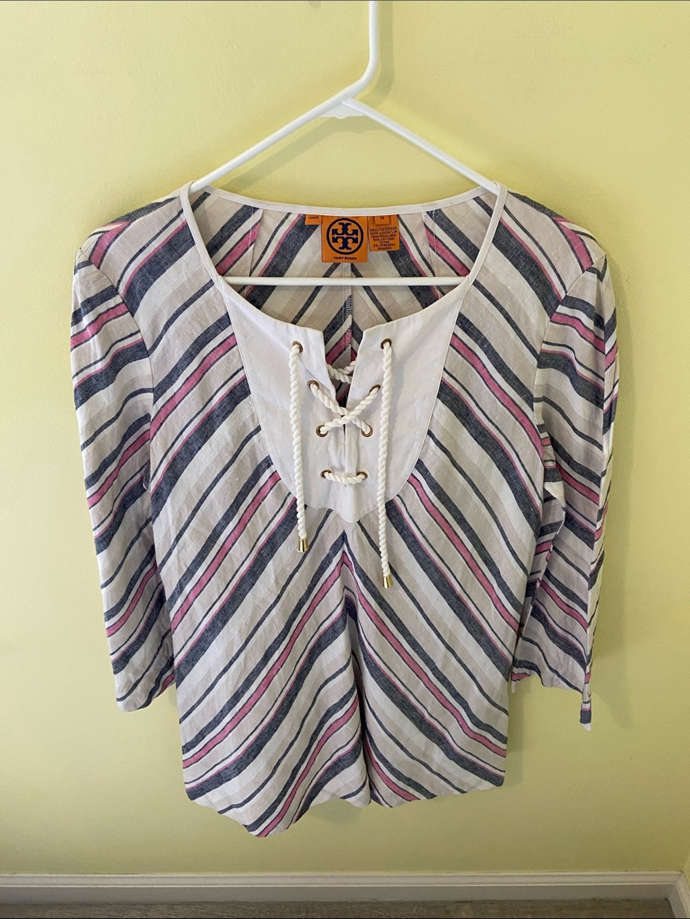 Tory Burch Striped Lace-Up Tunic in White, Pink & Blue-Gray - Picture 1 of 4
